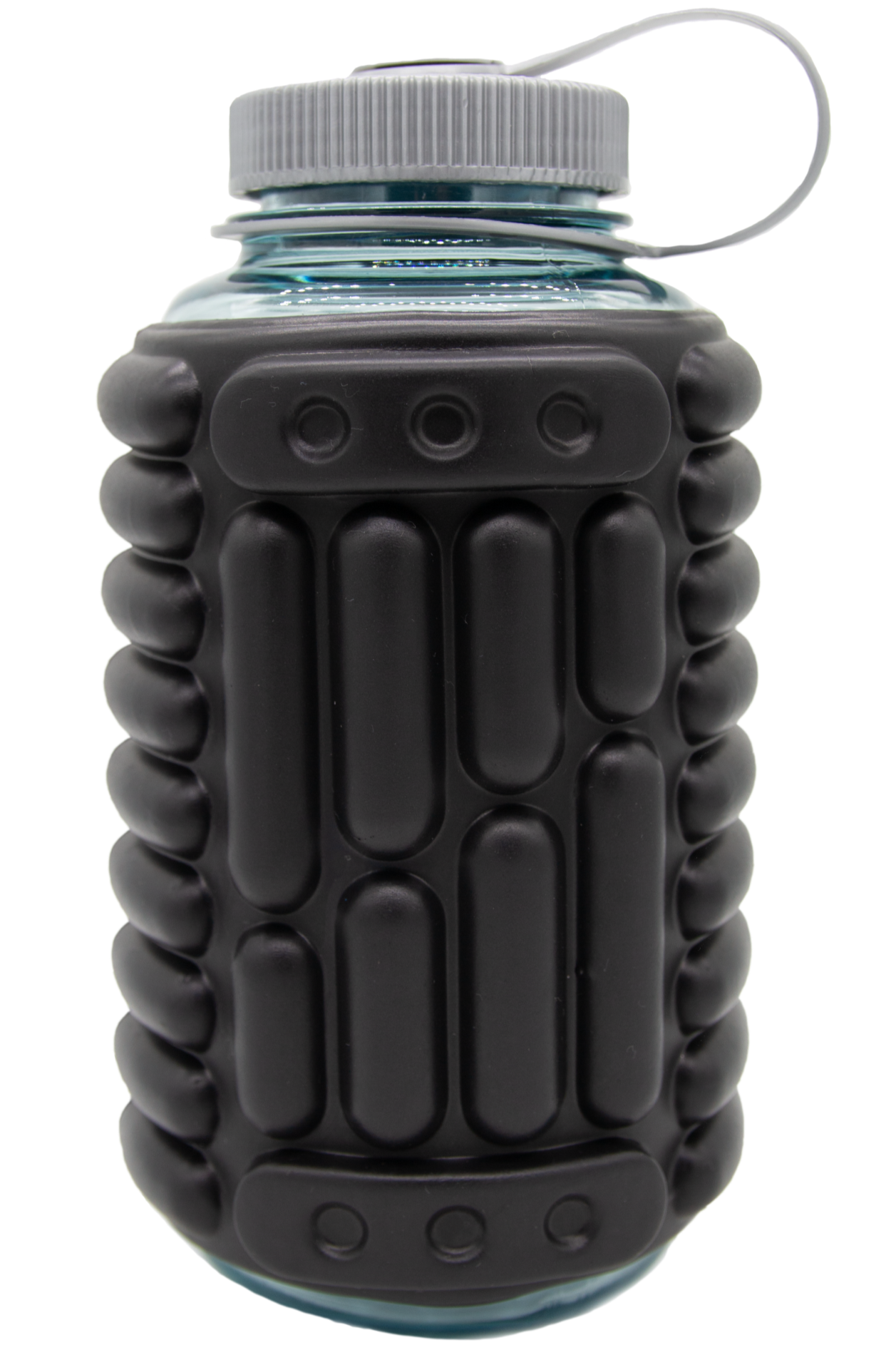 Black water foam roller on turquoise Nalgene with grey cap.