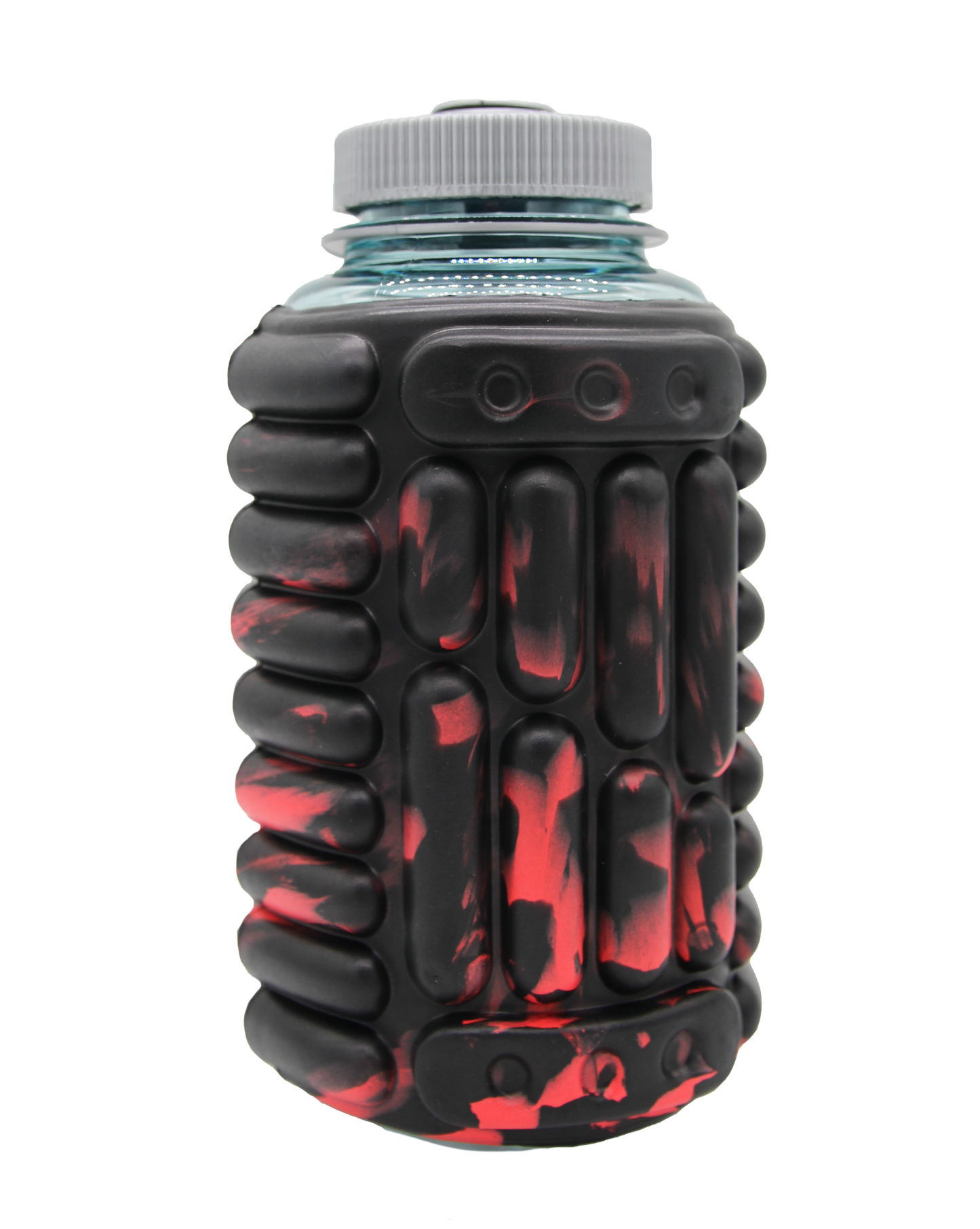 Black water foam roller on turquoise Nalgene with grey cap.