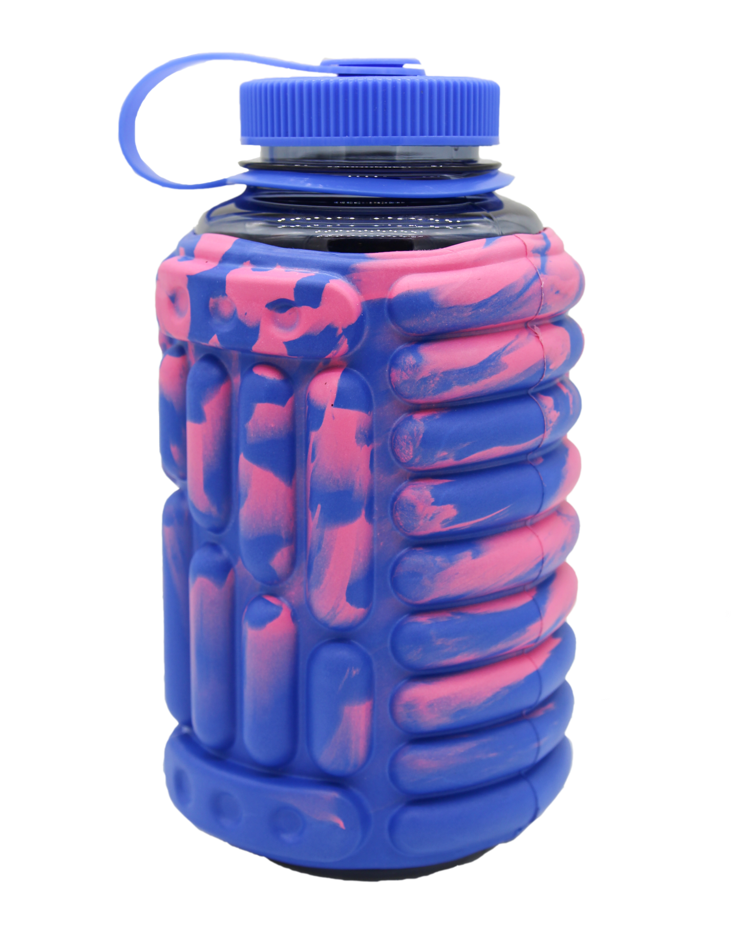 Black water foam roller on turquoise Nalgene with grey cap.